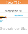 Heavy Duty T25 Torx Security Screwdriver 12 Inch Extra Long Shaft with Grip handle showing size dimensions.
