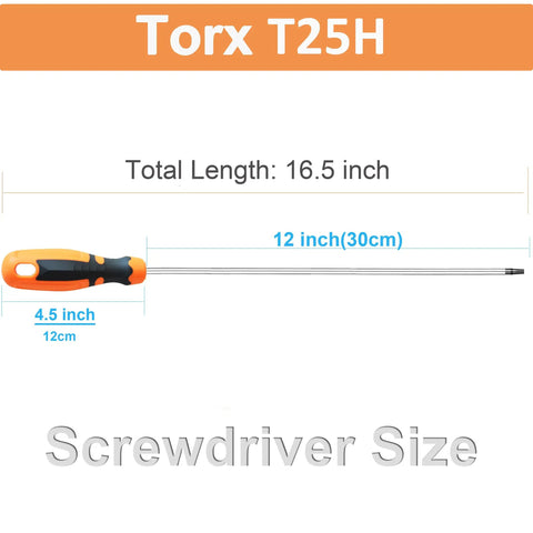 Heavy Duty T25 Torx Security Screwdriver 12 Inch Extra Long Shaft with Grip handle showing size dimensions.
