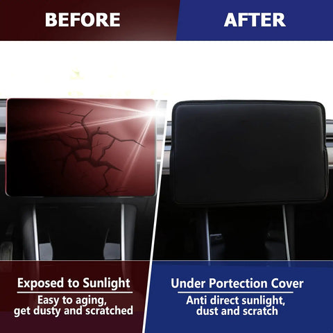 Before and after of Tesla Model 3 Model Y Center Console Screen Protector Cover Sleeve, showing sun damage prevention.