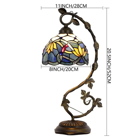 Blue Tiffany Style Stained Glass Lotus Table Lamp With Metal Leaf Base, 21 Inch Tall, 8 Inch Shade, Bronze Finish, S220 Series