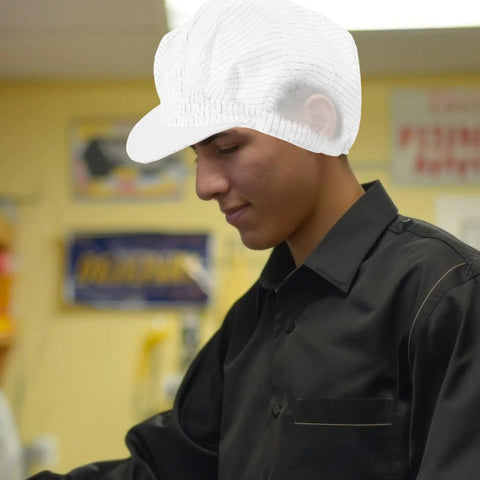 Kickass White Anti Static Mesh Working Hat With Super Breathable Ventilation worn by young man, inside a clean environment.