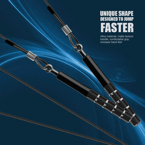 Speed Jump Rope For Training And Fitness, Adjustable Length Tangle Free Rope With Dual Bearings, black handles, steel wire