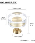 Product focus keyword is: Six Pack One And A Quarter Inch White Glass Crystal Cabinet Knobs Gold Brushed Brass Round Drawer Pulls For Dresser Closet Kitchen Cabinets And Bifold Doors Hardware Sleek Swanky Finish. Round handle size diagram, 30mm white glass knob with brass base