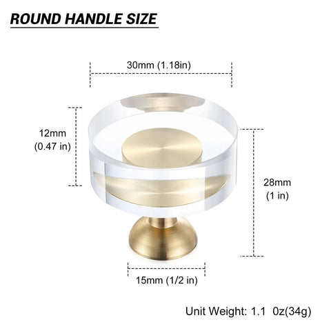 Product focus keyword is: Six Pack One And A Quarter Inch White Glass Crystal Cabinet Knobs Gold Brushed Brass Round Drawer Pulls For Dresser Closet Kitchen Cabinets And Bifold Doors Hardware Sleek Swanky Finish. Round handle size diagram, 30mm white glass knob with brass base