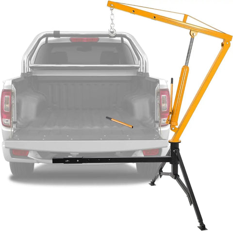 Hydraulic Hitch Mounted Pickup Truck Crane With 360 Degree Swivel 1000 Lbs Lift Capacity beside a pickup truck bed
