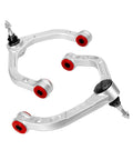 Beefed Up Aluminum Upper Control Arms For Ram 1500 2009 To 2022, Adjustable Front UCA, One Piece Forged T6 Aluminum, Greasable Ball Joints, Silver, Two Piece Set, silver upper control arms with red bushings