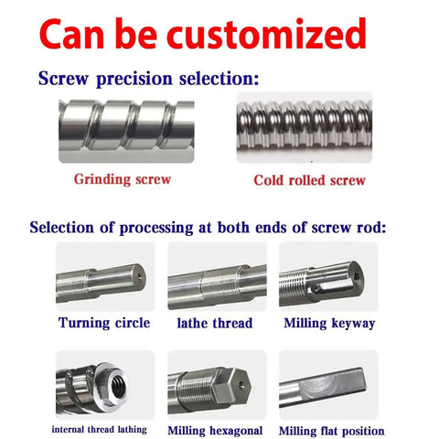 C7 SFU1204 Ball Screw With 1204 3 Ball Nut 12mm OD 4mm Pitch Right Hand Thread customization options showing various screw threads and ends.