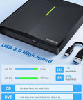 External CD DVD Drive For Laptop With USB 3.0 High Speed, 4 USB Ports And 2 SD TF Card Slots, black slim drive with USB cable