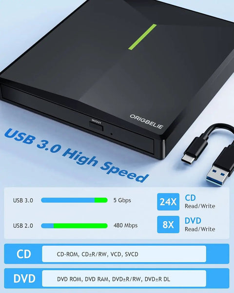 External CD DVD Drive For Laptop With USB 3.0 High Speed, 4 USB Ports And 2 SD TF Card Slots, black slim drive with USB cable