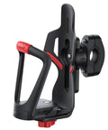 Bike Water Bottle Holder With Hidden Tracker Storage, adjustable for 2.17 to 3.35 inch bottles, black and red design, frame mount