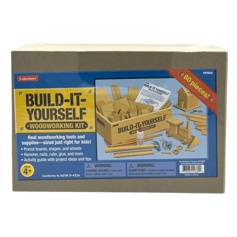 Packaging of Hands On Kids Woodworking Kit With Real Tools And Over 80 Pine Pieces For Ages 4 To 11 Build It Yourself Craft Set