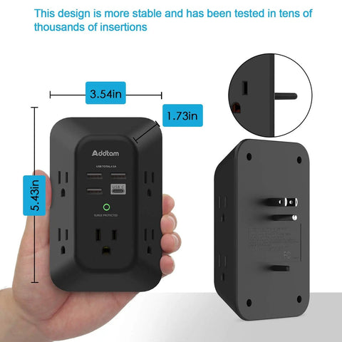 USB Wall Outlet With Surge Protector 5 Outlets And 4 USB Ports Including USB C 1800 Joules 3 Sided Widely Spaced Power Strip Plug And Play Access Black For Home Or Office Desk Or Travel Use
