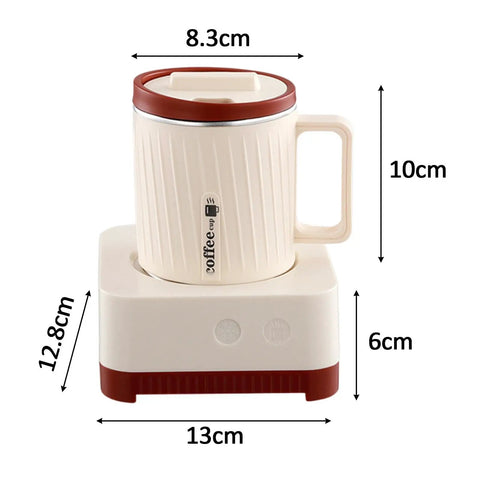Electric Coffee Warmer And Dual Cooling Mug Goes Hard Keeping Your Drinks Hot Or Cold Exactly When You Want Them Solid Desk Staple For Daily Grind Office Breaks Sweet Gift Milky White Red with dimensions displayed.