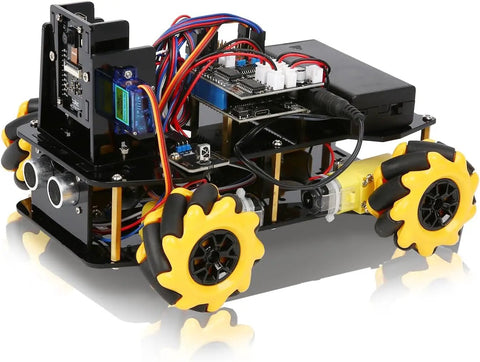 Kid Friendly 3MP Camera STEM Robot Kit With App And Remote Control for Ages 8 To 16 showing ESP32 board and Mecanum wheels.