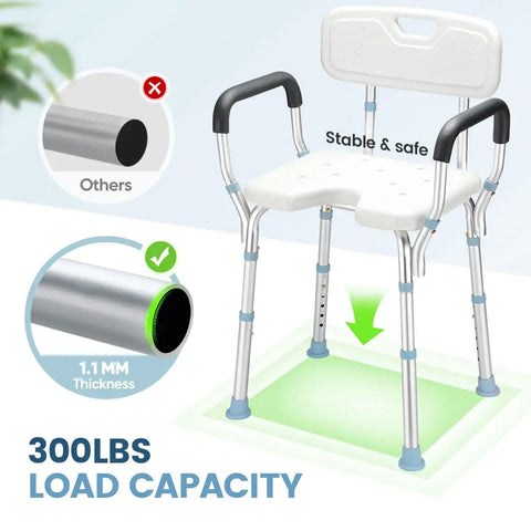 Heavy Duty Shower Chair With Back And Arms, 300 Lb Capacity, Non Slip Aluminum Frame, HDPE Seat shown with stability features.
