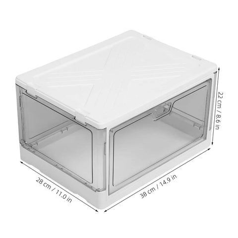 Clear Stackable Storage Bins With Transparent Slide Front Doors Absolute Game Changer Closet Organization And Bedroom Decluttering Zero Stress Everyday Gear Tidy Up, clear plastic box with dimensions shown.