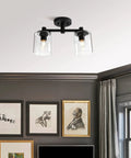 2-Light Industrial Glass Shade Semi Flush Mount Ceiling Fixture For Hallways, Kitchens, Lofts, And Bars - Dope Vintage Modern Chandelier Style Over Counters And Islands