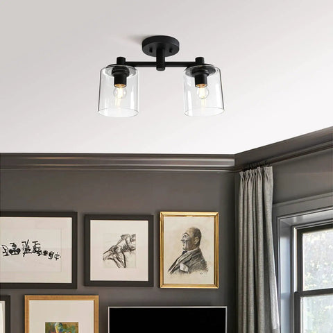 2-Light Industrial Glass Shade Semi Flush Mount Ceiling Fixture For Hallways, Kitchens, Lofts, And Bars - Dope Vintage Modern Chandelier Style Over Counters And Islands
