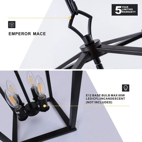 Close-up of a 12 inch black openwork cage chandelier with four candelabra bulbs, part of the Farmhouse Lantern Pendant Light.