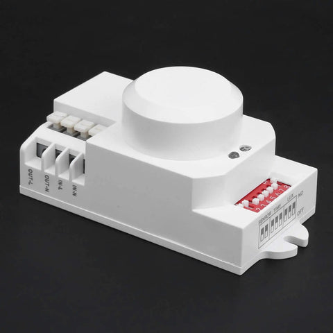 Five Point Eight GHz Microwave Motion Sensor Switch TDL1918 with high sensitivity detection on black surface, side view