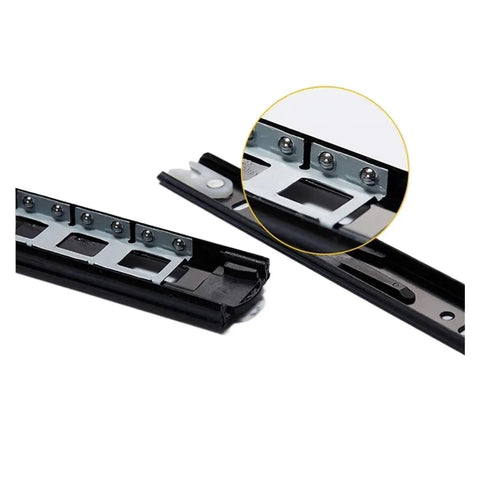 Built Tough Heavy Duty Steel Bottom Mounted Drawer Slides Dual Pack With Silent Buffer Glides close-up showing adjustment holes and glides.