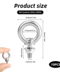 M4 X 10mm 304 stainless steel eye bolts showing size dimensions for Killer Quality 10 Pack with nuts and washers included.