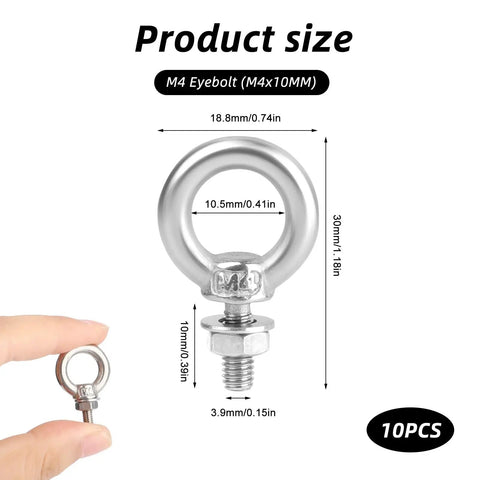 M4 X 10mm 304 stainless steel eye bolts showing size dimensions for Killer Quality 10 Pack with nuts and washers included.