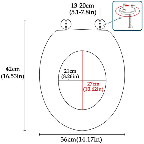 Diagram showing dimensions of Sick Pink Glitter Toilet Seat With Super Slick Soft Close Lid and No Drama Quick Release Hardware.
