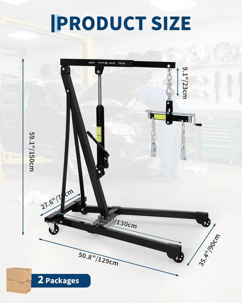 Shop Grade Hydraulic Engine Hoist Cherry Picker Crane With Rock Solid 3000 Lbs Lifting Capacity To Effortlessly Swap Motors And Haul Heavy Auto Parts In Black Finish dimensions labeled in an automotive garage.