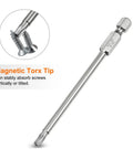 Badass T20 Security Torx Bits Featuring Four Inch S2 Steel Magnetic Drive Tips With One Quarter Inch Hex Shank shown with screw engagement.