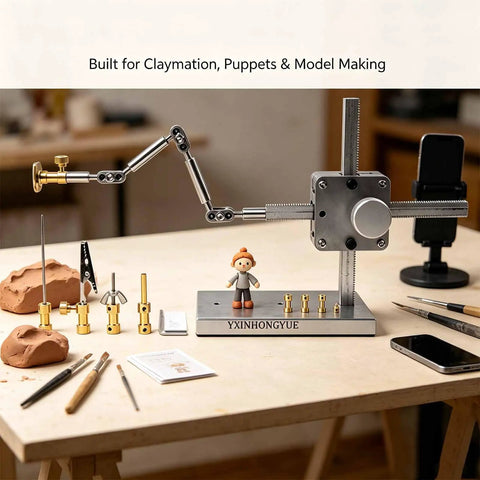 Heavy Duty Anti Tip Metal Base Stop Motion Shooting Bracket With Interchangeable Brass Fixtures for DIY Animation Projects