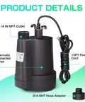 Powerful Submersible Sump Pump 1/3 HP 2400 GPH With 3/4 Inch GHT Garden Hose Thread, black exterior, 10FT cord, NPT outlet