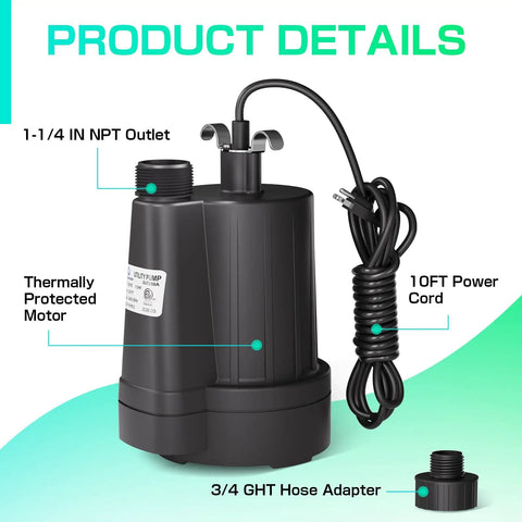 Powerful Submersible Sump Pump 1/3 HP 2400 GPH With 3/4 Inch GHT Garden Hose Thread, black exterior, 10FT cord, NPT outlet