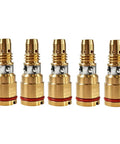 Snazzy 5-Pack Gas Diffuser Fit For Miller MDX Mig Welding Guns, shiny brass diffusers with snug seals for gas flow control.