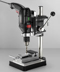 Universal Vertical Drill Stand Clamp For Woodworking, Portable Table Top Drill Press with aluminum base and drill mounted
