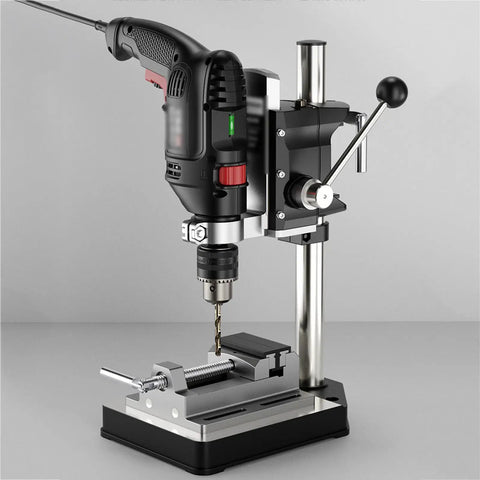 Universal Vertical Drill Stand Clamp For Woodworking, Portable Table Top Drill Press with aluminum base and drill mounted