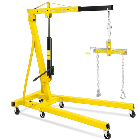Bad Boss Two Ton Hydraulic Engine Hoist With Lever Stabilizer And Six Wheel Casters Telescopic Boom Crane Lifter close-up view.