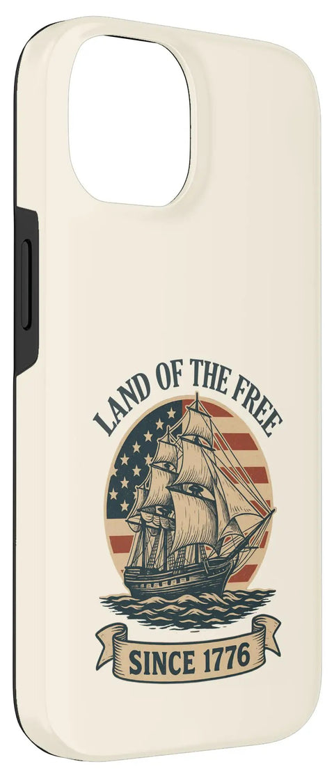 Patriotic Flag Sailboat Case For iPhone 14 With Red White And Blue Pride featuring a ship and 'Land of the Free' design
