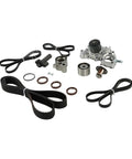 Heavy Duty Coolant Water Pump And Timing Belt Kit For Toyota Tundra 4Runner T100 With 3.4L V6 Engine Compatible Part Numbers 1354062021 1610069398 Ensuring Temperature Control And Reliable Engine Protection For Performance Daily Use Or Off Road Trips., timing belt, water pump, pulleys, and seals laid out on white