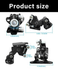 Amazon truck door hinge roller assembly, metal construction with white plastic rollers; front and side views.