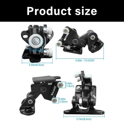 Amazon truck door hinge roller assembly, metal construction with white plastic rollers; front and side views.