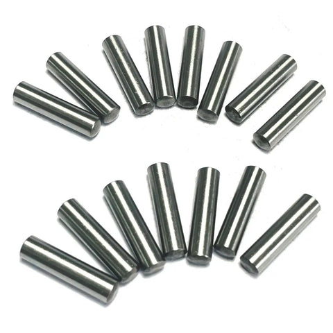 Rock Solid Heavy Duty 3/16x3/4 Inch Dowel Pins and Shelf Pegs, Hella Tough Stainless Alloy Steel Support Pins for Furniture and Bunk Beds, Top Shelf 15 Piece Builder Kit arranged on white background.