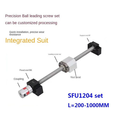 Rolled Ball Screw Kit SFU1204 RM1204 End Machined With Ball Nut And Nut Housing For CNC 450mm, showing components and support.