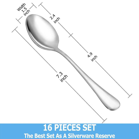 Big Value 16 Piece Dinner Spoon Set 7.3 Inch Tablespoons Premium Food Grade Stainless Steel Spoons with Dimensions