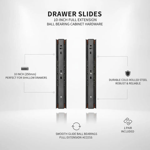10 Inch Full Extension Drawer Slides for Vanities Nightstands and Small Cabinets 1 Pair Built From Cold Rolled Steel product image