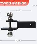 Beefed Up Dual Hitch Ball Trailer Hitch For 2 Inch Receiver With One Seven Eighth Inch And Two Inch Balls Includes Pin And Clip Five Eighth Inch Clevis Pin Compatible Matte Black Powder Coat Finish side view with dimensions