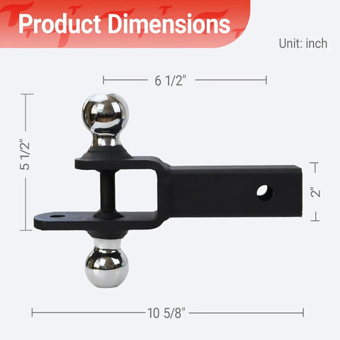 Beefed Up Dual Hitch Ball Trailer Hitch For 2 Inch Receiver With One Seven Eighth Inch And Two Inch Balls Includes Pin And Clip Five Eighth Inch Clevis Pin Compatible Matte Black Powder Coat Finish side view with dimensions