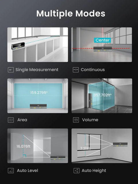 Dual-Sided Laser Measuring Tool Pro Gen 2 With 390 Ft Reach, One-Click Switch Between Single And Dual Laser Modes, Bright Large Digits For Easy Reading In Low Light, Removable Silicone Cover For Quick Measurements And Room Layout. Multiple measuring modes shown