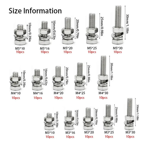 600 Piece Stainless Steel Hex Bolts Kit M3 M4 M5 With Nuts for DIY Furniture and Home Projects Rust Resistant Fasteners Socket Drive Compatible Ideal for Indoor Use size chart showing M3, M4, M5 bolts