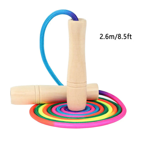 Kids Jump Rope 8.5Ft Adjustable Cotton Skipping Rope with Wooden Handle shown coiled in rainbow colors.